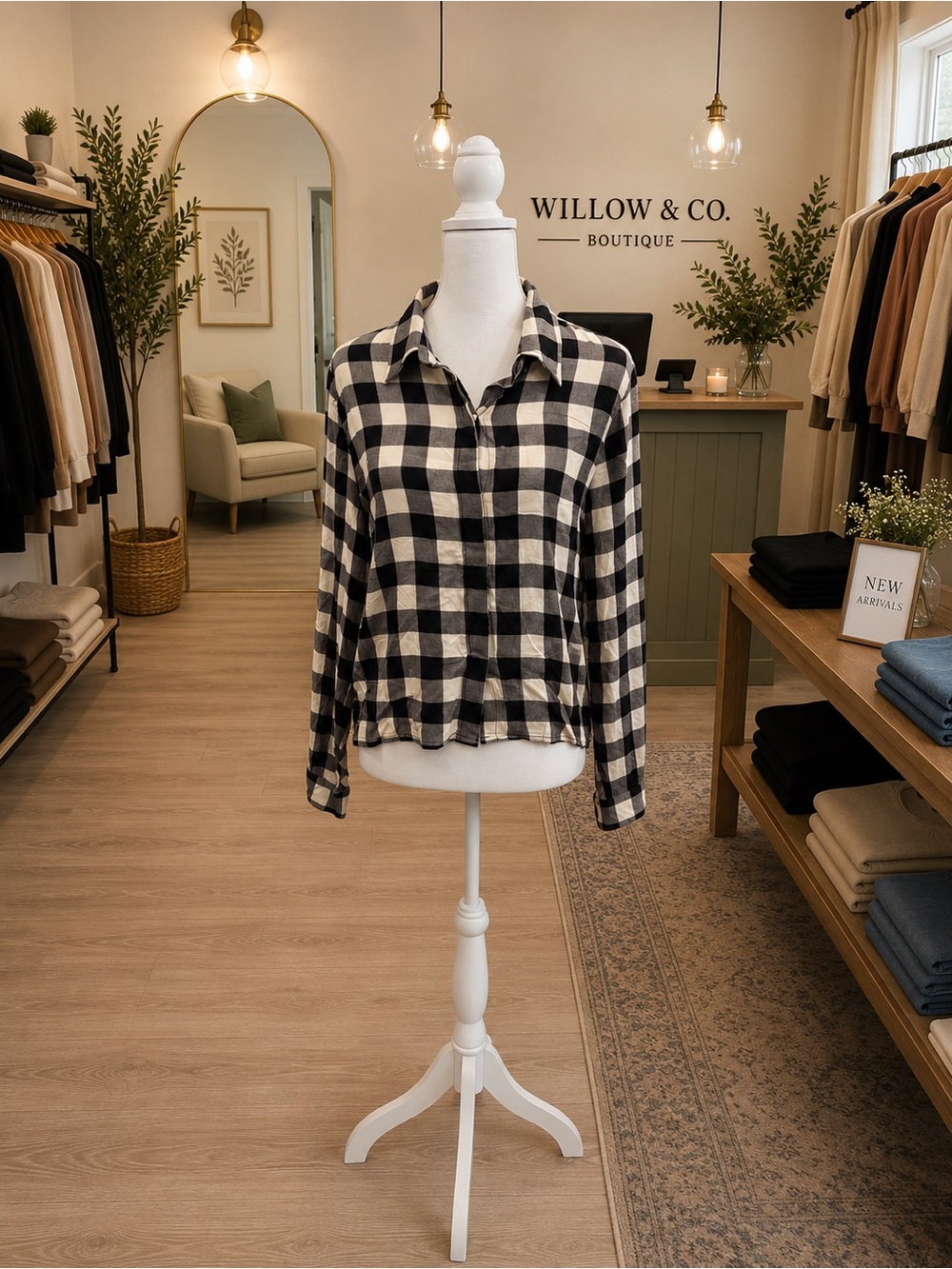 POL Black & Cream Buffalo Plaid Button Down Shirt Small